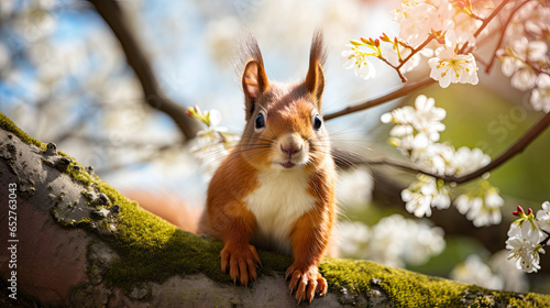 Red squirrel perched on a tree in a springtime park.