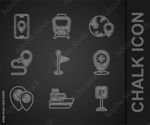 Set Location marker, Ship line path, Parking, with cross hospital, Route location, the globe and City map navigation icon. Vector
