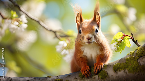 Red squirrel perched on a tree in a springtime park. © Ziyan Yang