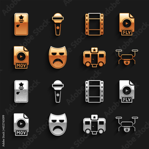 Set Drama theatrical mask, FLV file document, Drone flying, Actor trailer, MOV, Play Video, Backstage and Microphone icon. Vector