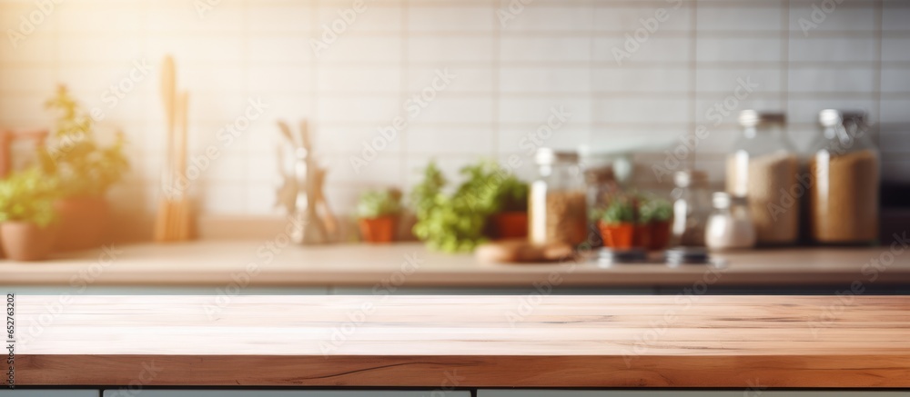 Kitchen and cooking concept for product display or visual design on a blurred background with a wooden table shelf