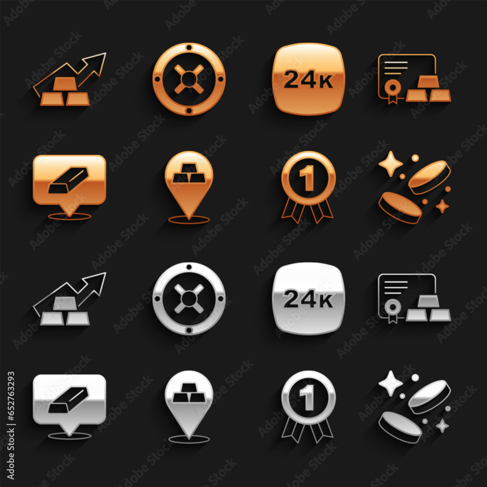 Set Gold bars, with certificate, coin money, Medal, 24k, Growth arrow gold and Safe icon. Vector Set Gold bars, with certificate, coin money, Medal, 24k, Growth arrow gold and Safe icon. Vector