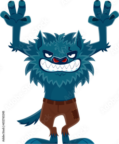 Halloween werewolf character or horror night holiday monster, cartoon isolated vector. Happy Halloween holiday character of werewolf wolf with scary fangs and spooky claws for trick or treat party