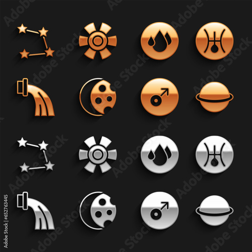 Set Eclipse of the sun, Symbol Uranus, Planet Saturn, Mars symbol, Aquarius zodiac, Water drop, Star constellation and Sun icon. Vector