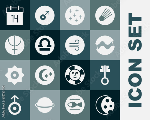 Set Eclipse of the sun, Old magic key, Planet, Full moon, Libra zodiac, Neptune planet, Calendar and Windy weather icon. Vector