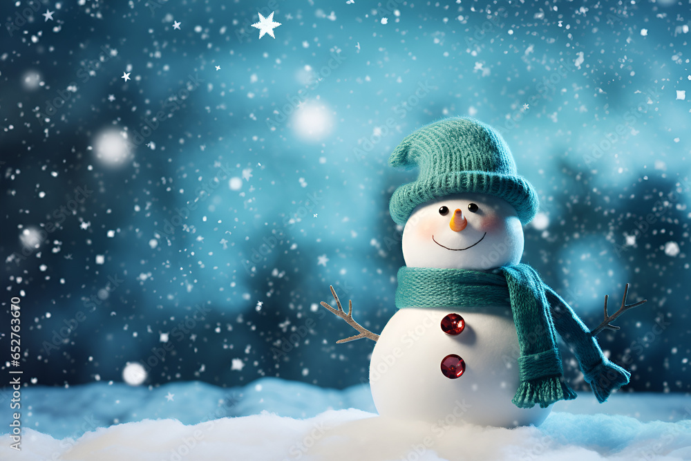 Merry christmas and happy new year greeting card with copy space.Happy snowman standing in winter christmas landscape.Snow background