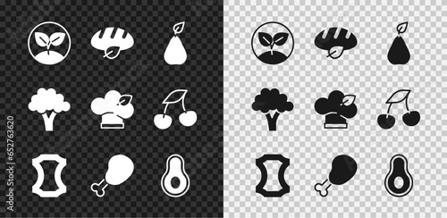 Set Sprout, Vegan bread loaf, Pear, Leather, Chicken leg, Avocado fruit, Broccoli and food diet icon. Vector