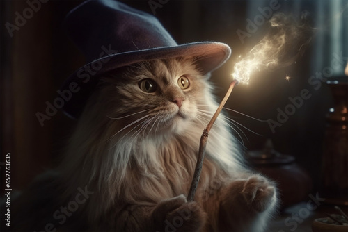 Cat wizard playing with magic wand photo