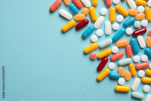Colorful pills on light blue background 