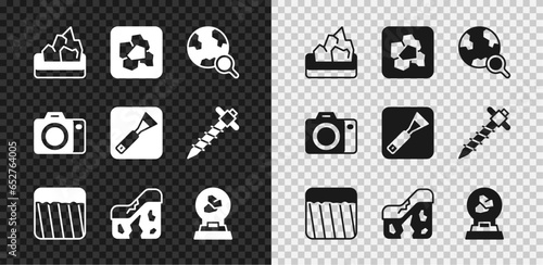Set Ore mining, Gold nugget, Magnifying glass with globe, Ground, Geological fault, Exhibition minerals, rocks, Photo camera and Paint brush icon. Vector
