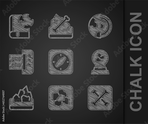 Set Compass, Gold nugget, Archeology, Exhibition with minerals, rocks, Ore mining, Seismograph, Earth core structure crust and globe and book icon. Vector