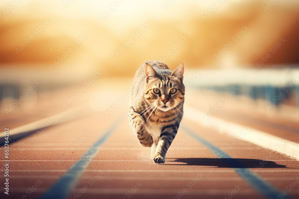a cat is running a race - obrazy, fototapety, plakaty 