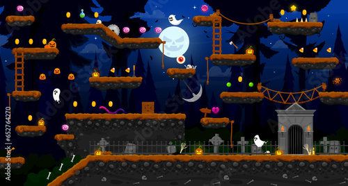 Arcade dark Halloween forest game level map, vector interface with wooden platforms, golden coins on stairs. Ghosts, sweets, pumpkins and zombie hands on cemetery background for Halloween arcade game