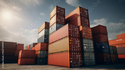 Cargo shipping containers stacked, cross-docking business exports of goods