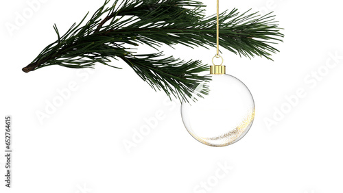 glossy christmas ball transparent glass with big golden swirl at the bottom  hanging from pine twig upright 3D Mixed reality CAD rendering isolated
