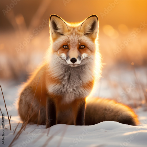  red fox sitting in the forest, looking camera in the sunset © Patricia Chumillas