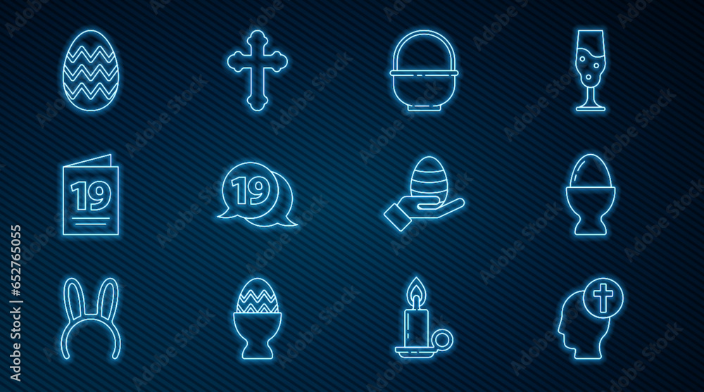 Set line Human head with christian cross, Easter egg on stand, Basket, Speech bubble happy easter, Greeting card Happy, hand and Christian icon. Vector Set line Human head with christian cross, Easter egg on stand, Basket, Speech bubble happy easter, Greeting card Happy, hand and Christian icon. Vector