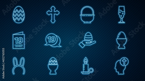 Set line Human head with christian cross, Easter egg on stand, Basket, Speech bubble happy easter, Greeting card Happy, hand and Christian icon. Vector