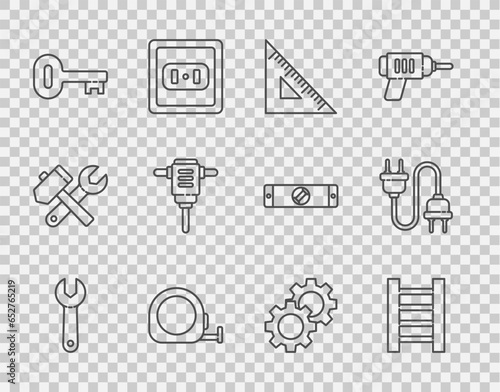 Set line Wrench spanner, Wooden staircase, Triangular ruler, Roulette construction, Old key, Electric rotary hammer drill, Gear and plug icon. Vector