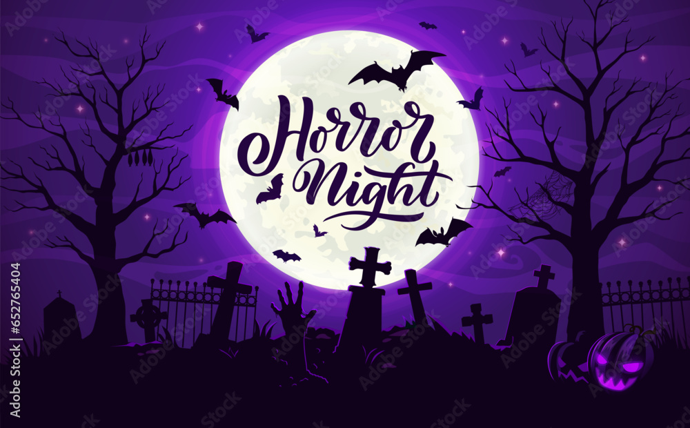 Halloween cemetery landscape with gravestones, flying bats and zombie hands, holiday vector poster. Horror night Halloween celebration banner with midnight moon and dead hands form graves on cemetery
