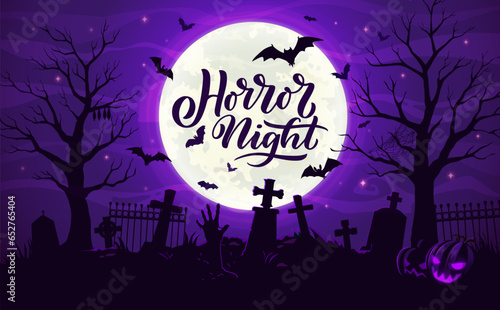 Halloween cemetery landscape with gravestones, flying bats and zombie hands, holiday vector poster. Horror night Halloween celebration banner with midnight moon and dead hands form graves on cemetery