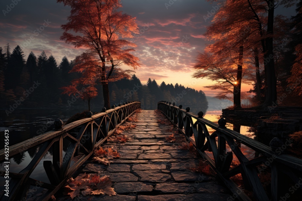 wooden bridge in the autumn garden - obrazy, fototapety, plakaty 