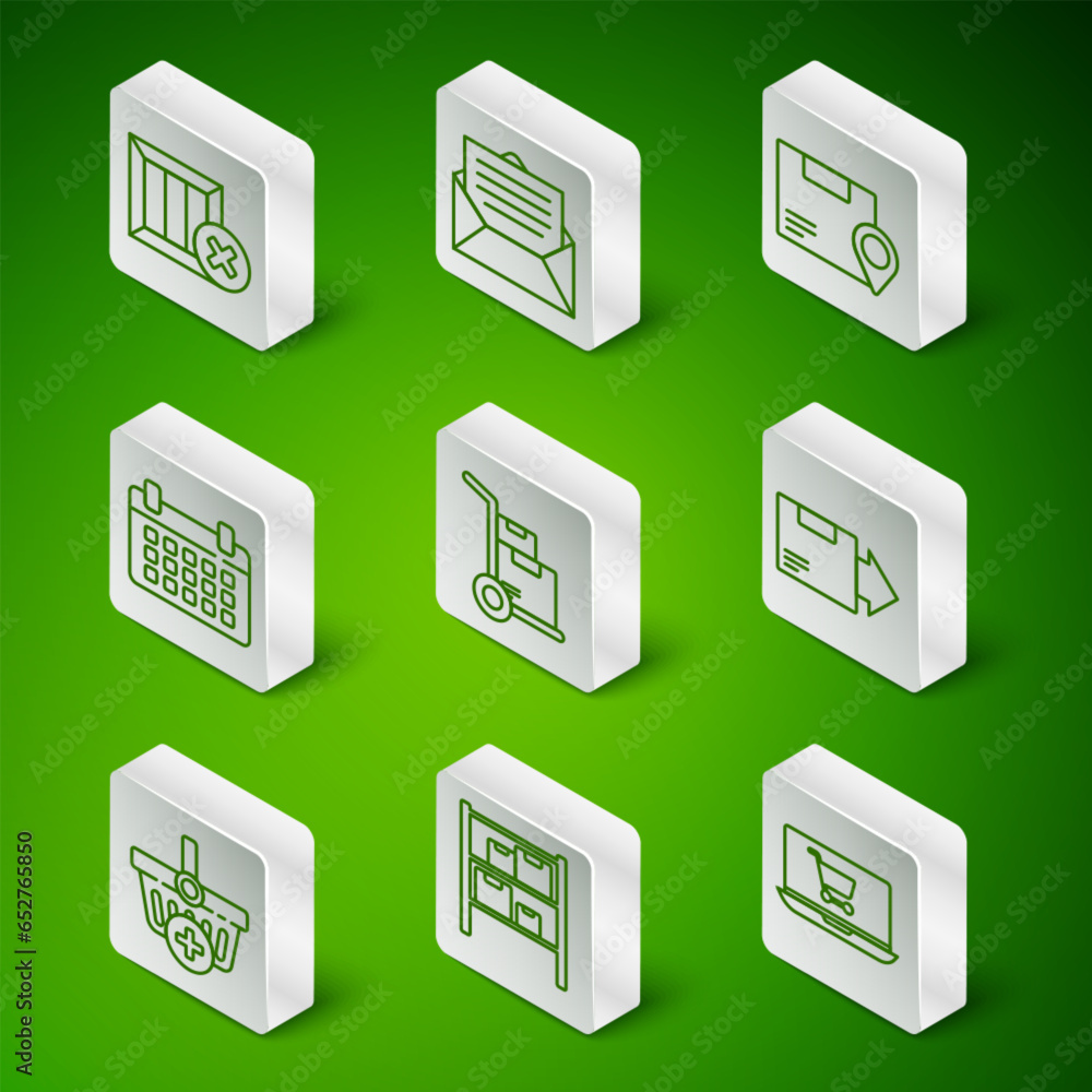Set line Shopping cart on laptop, Warehouse, Wooden box and delete, Hand truck boxes, Calendar, Envelope, Add basket and Carton cardboard icon. Vector Set line Shopping cart on laptop, Warehouse, Wooden box and delete, Hand truck boxes, Calendar, Envelope, Add basket and Carton cardboard icon. Vector