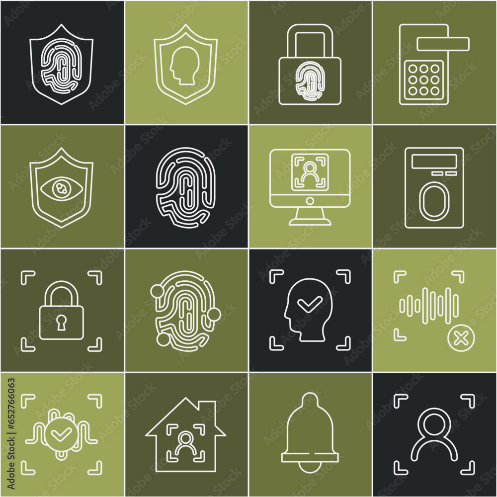 Set line Face recognition, Rejection voice, Fingerprint with lock, Shield eye scan, shield and icon. Vector Set line Face recognition, Rejection voice, Fingerprint with lock, Shield eye scan, shield and icon. Vector