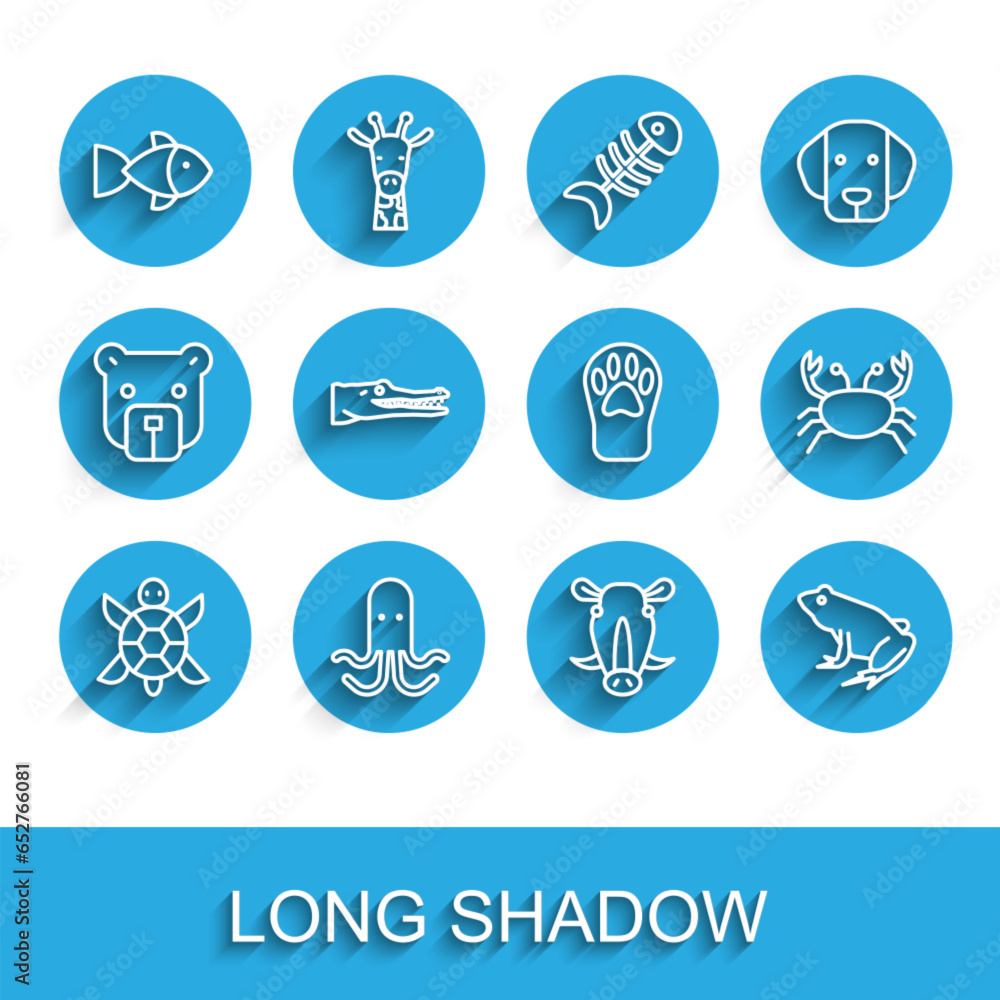 Set line Turtle, Octopus, Fish, Wild boar head, Frog, Crocodile, Crab and Paw print icon. Vector Set line Turtle, Octopus, Fish, Wild boar head, Frog, Crocodile, Crab and Paw print icon. Vector
