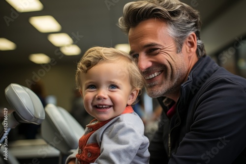 Dentist performing a gentle dental examination on a child, Generative AI