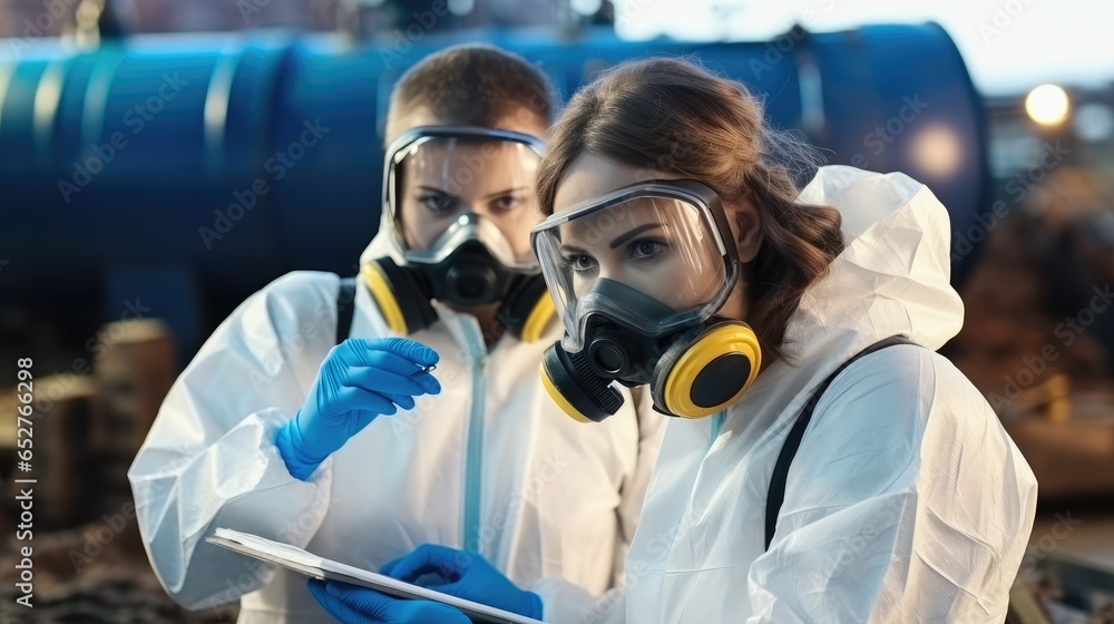 Scientist examining toxic at industry factory. Scientist examining toxic at industry factory.