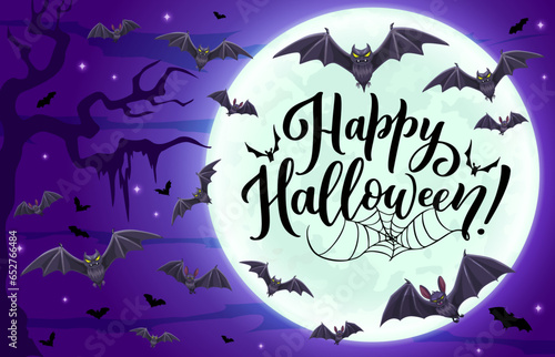 Halloween cloud of flying bats, horror night holiday vector background with midnight moon. Happy Halloween greeting card with creepy vampire bats and spiderweb or cobweb background