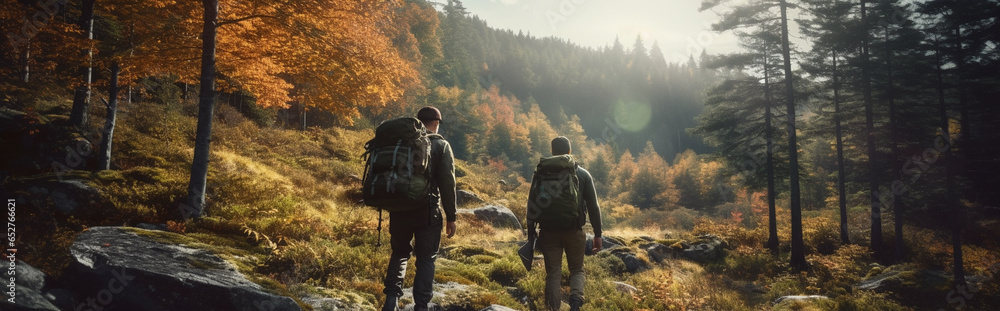 Two men with backpacks walk through the autumn forest, mountains are visible in the distance.. AI Generated