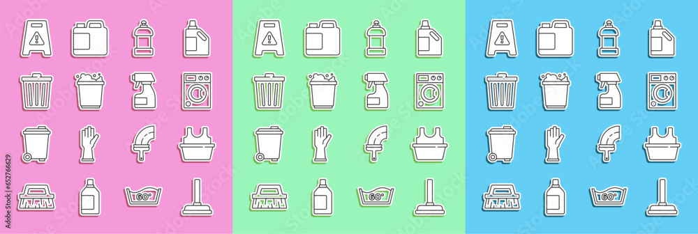 Set line Rubber plunger, Basin with shirt, Washer, Bottle for cleaning agent, Bucket foam, Trash can, Wet floor and Cleaning spray bottle icon. Vector - obrazy, fototapety, plakaty 