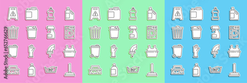 Set line Rubber plunger, Basin with shirt, Washer, Bottle for cleaning agent, Bucket foam, Trash can, Wet floor and Cleaning spray bottle icon. Vector