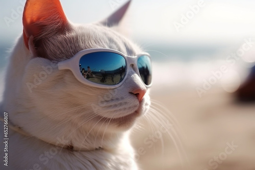 a cat wearing glasses on the beach © imur