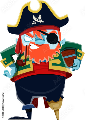 Halloween zombie pirate character or horror night holiday monster, cartoon vector. Halloween celebration dead pirate with red beard, captain hat and wooden leg with smoking pipe and eyepatch