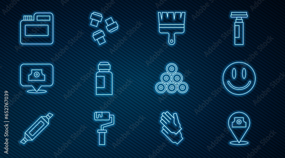 Set line Paint spray can, Smile face, brush, Paint, gouache, jar, dye, Spray nozzle cap, and Marker pen attachment icon. Vector