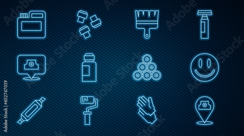 Set line Paint spray can, Smile face, brush, Paint, gouache, jar, dye, Spray nozzle cap, and Marker pen attachment icon. Vector