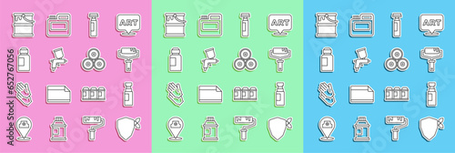 Set line Vandal, Marker pen, Paint roller brush, spray gun, Paint, gouache, jar, dye, bucket and can icon. Vector