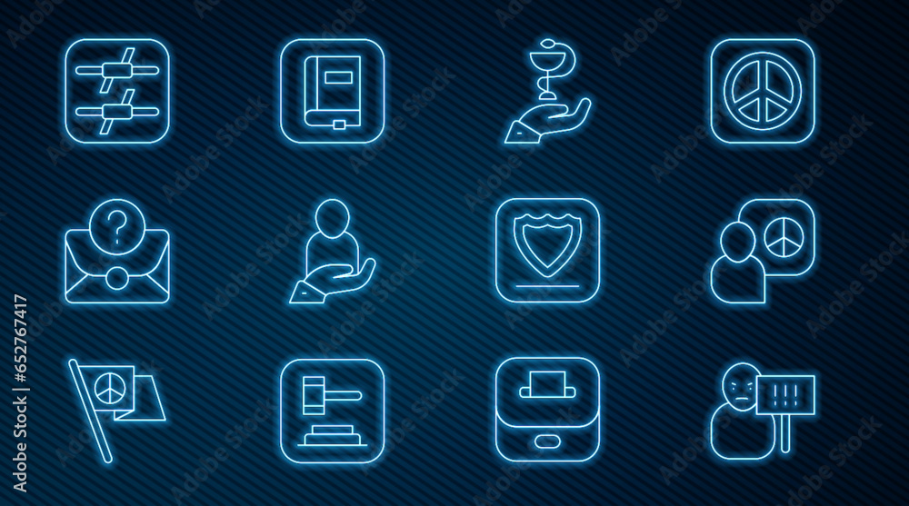 Set line Protest, Peace talks, Caduceus snake medical, Life insurance in hand, Envelope with question mark, Barbed wire, Shield and Law book icon. Vector Set line Protest, Peace talks, Caduceus snake medical, Life insurance in hand, Envelope with question mark, Barbed wire, Shield and Law book icon. Vector