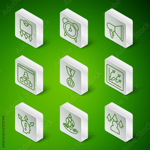 Set line Front end development, World expansion, Weight loss, Medal, Online education, Alarm clock, Project team base and Financial growth increase icon. Vector