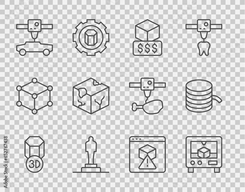 Set line 3D printer, services, model, car, Isometric cube, and Filament for icon. Vector