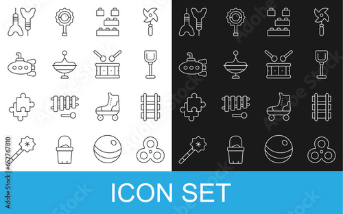 Set line Fidget spinner, Toy railway, Shovel toy, building block bricks, Whirligig, Submarine, Dart arrow and Drum with drum sticks icon. Vector