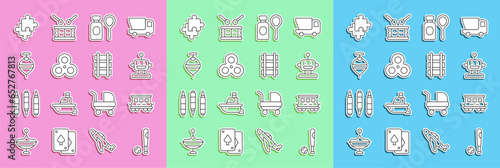 Set line Baseball bat with ball, Passenger train cars toy, Robot, Soap bubbles bottle, Fidget spinner, Whirligig, Puzzle pieces and Toy railway icon. Vector