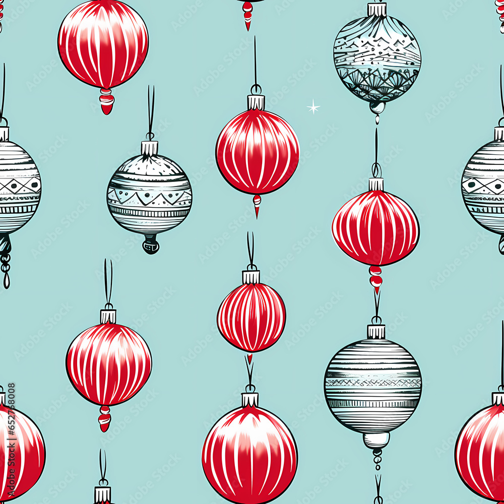 Christmas is here! Varied Ornaments Pattern. Generative AI illustration. Christmas is here! Varied Ornaments Pattern. Generative AI illustration.
