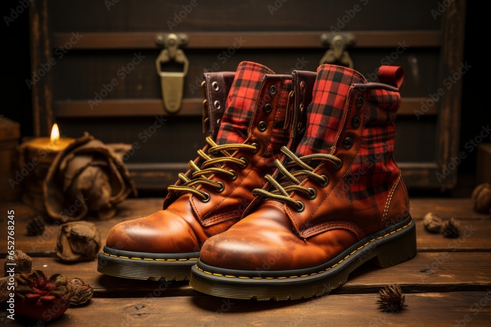 Flannel shirt and boots, emblematic of 90s grunge style, Generative AI Flannel shirt and boots, emblematic of 90s grunge style, Generative AI