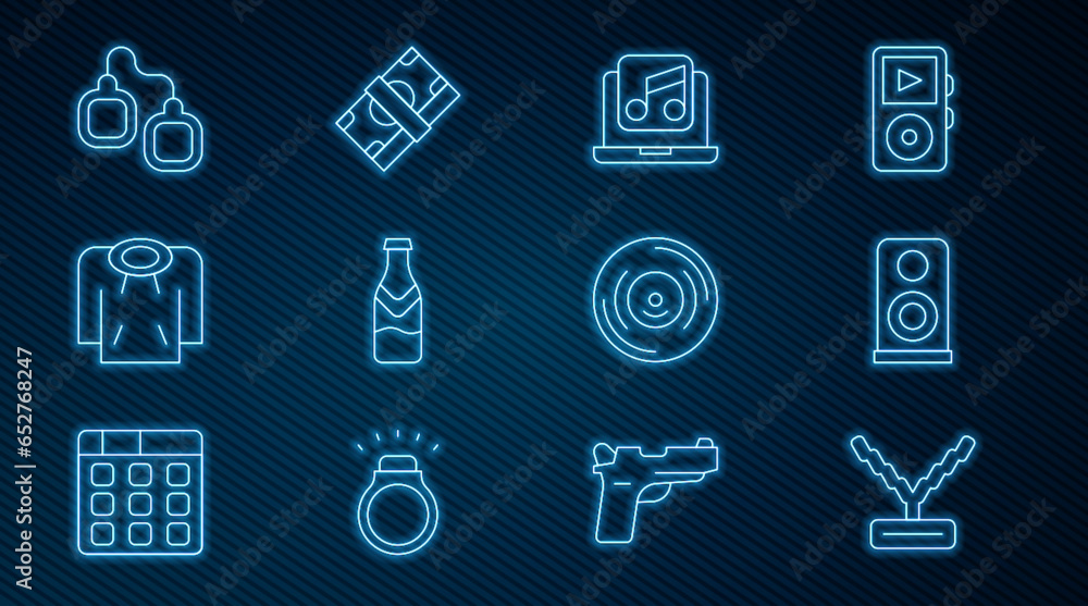 Set line Rapper chain, Stereo speaker, Laptop with music, Beer bottle, Hoodie, Handcuffs, Vinyl disk and Stacks paper money cash icon. Vector Set line Rapper chain, Stereo speaker, Laptop with music, Beer bottle, Hoodie, Handcuffs, Vinyl disk and Stacks paper money cash icon. Vector