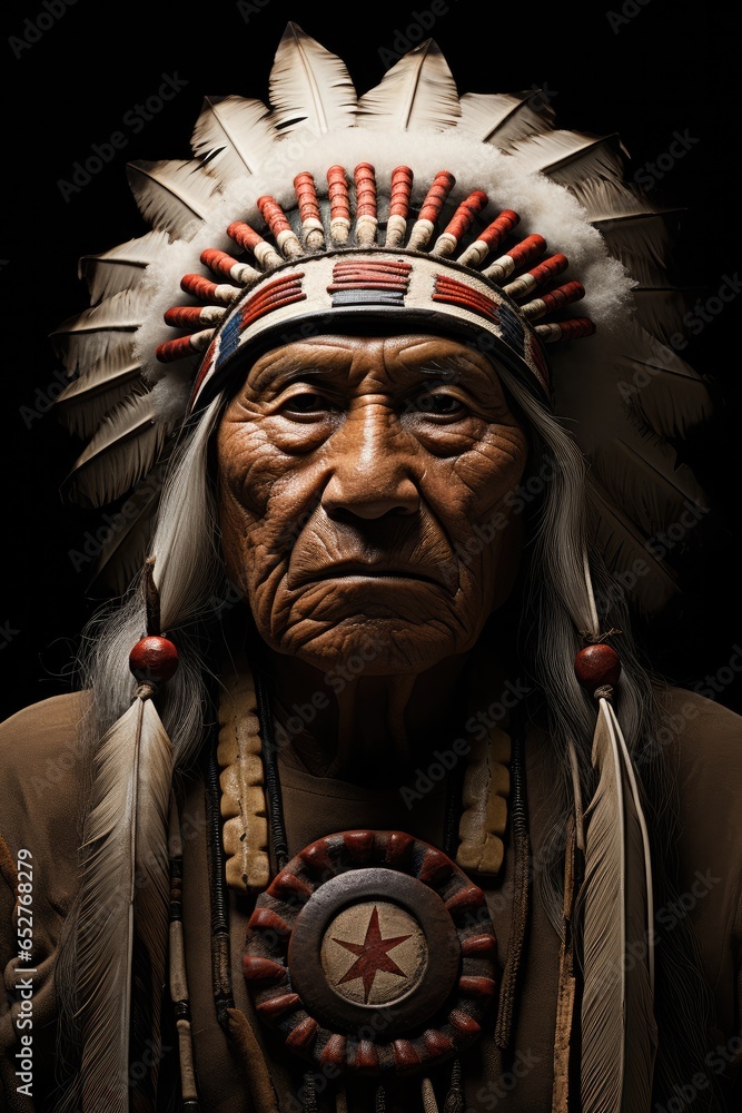 Native American chief wearing traditional clothing and and feathers.