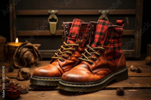 Flannel shirt and boots, emblematic of 90s grunge style, Generative AI